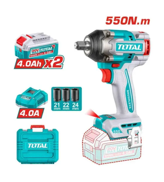 Máy Siết Bu Lông Không Chổi Than Dùng Pin 20V TOTAL TIWLI20551 - Lực Siết 550Nm, Đầu Vuông 1/2 Inch
