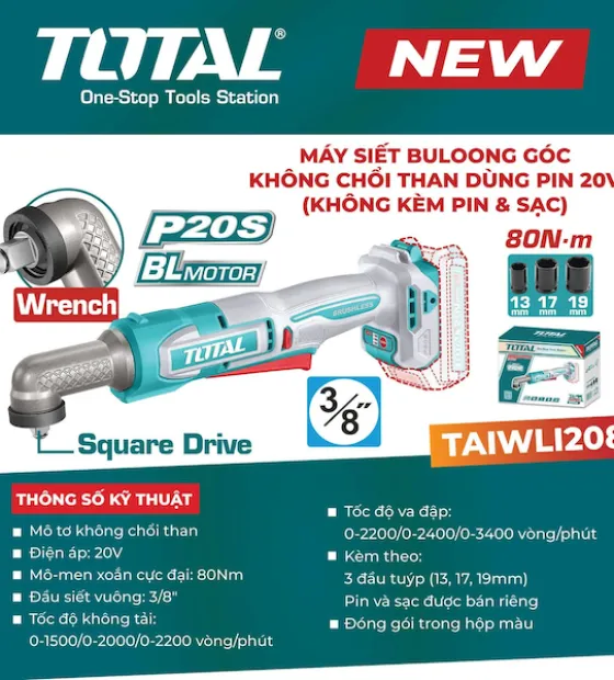 Máy Siết Bu Lông Góc Dùng Pin 20V TOTAL TAIWLI2081 - Động Cơ Không Chổi Than, Lực Siết 80Nm 