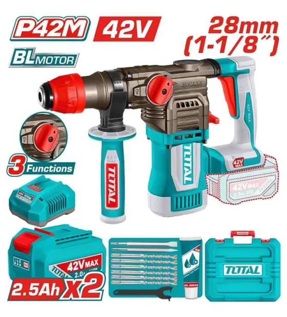Máy khoan bê tông dùng pin 42V Total TRHLI422882 không chổi than (2 Pin 2.5Ah, 1 Sạc)