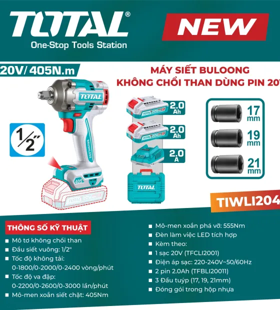 Máy siết buloong không chổi than dùng pin 20V TIWLI2045