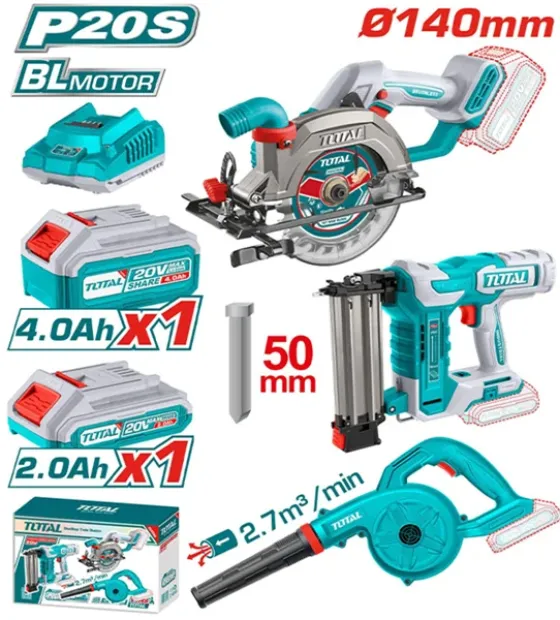 Bộ Combo TOSLI240683 - Máy Cưa Đĩa Tròn Không Chổi Than & Máy Thổi Bụi & Máy Bắn Đinh Dùng Pin 20V TOTAL
