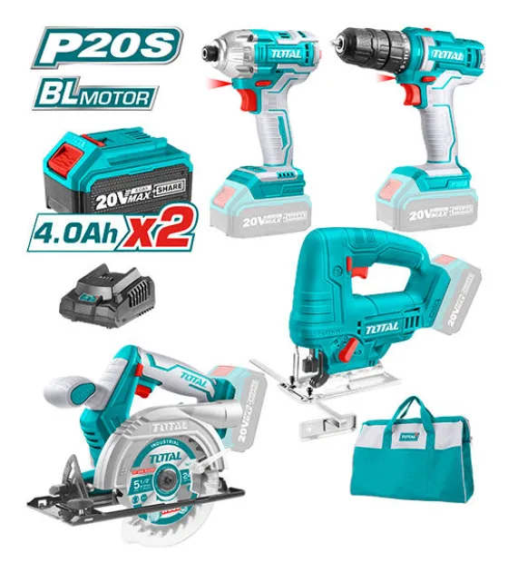 Bộ combo 4 máy gồm máy cưa đĩa, máy cưa lọng, máy khoan pin, máy vặn vít dùng pin Total TCKLI20104