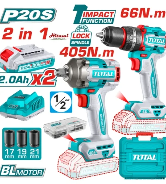 Bộ combo máy khoan & máy siết bu lông 20V Total TCKLI20286