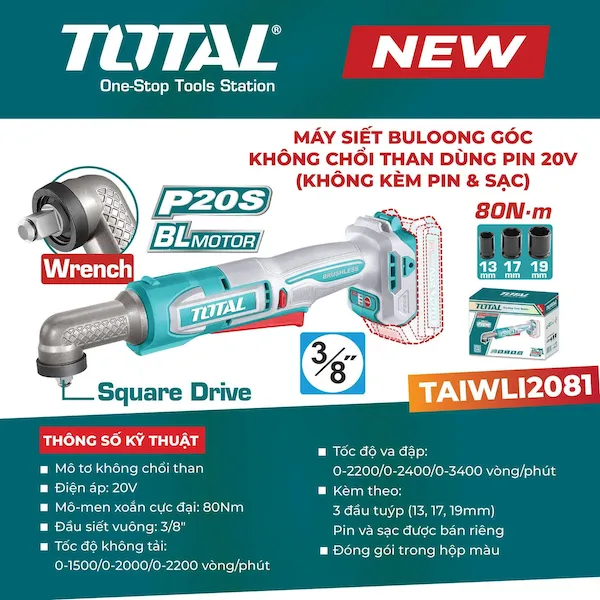 Máy Siết Bu Lông Góc Dùng Pin 20V TOTAL TAIWLI2081 - Động Cơ Không Chổi Than, Lực Siết 80Nm 