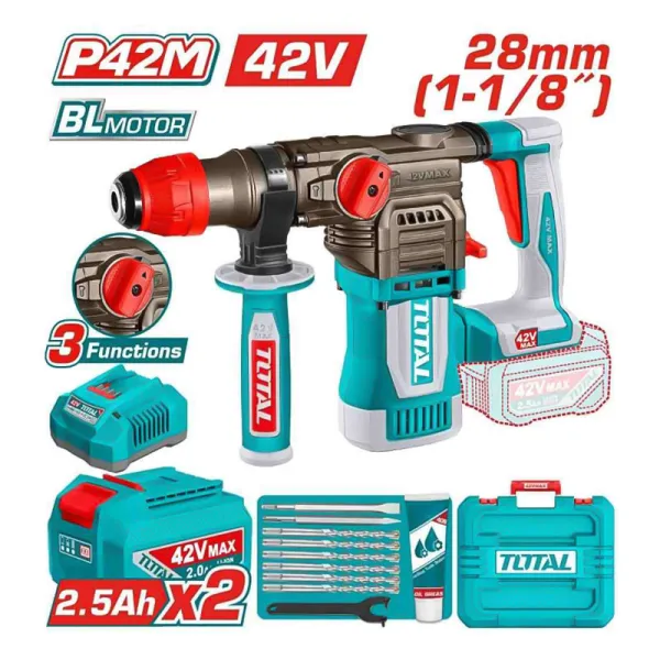 Máy khoan bê tông dùng pin 42V Total TRHLI422882 không chổi than (2 Pin 2.5Ah, 1 Sạc)