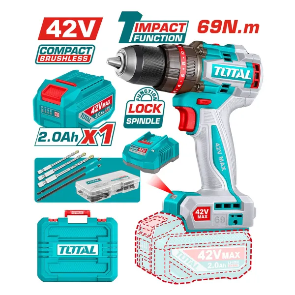 Máy khoan búa không chổi than dùng pin 42V Total TIDLI426981