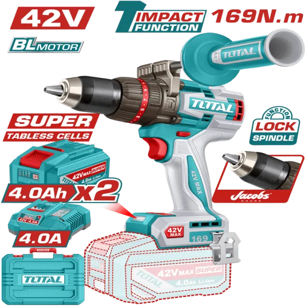 Máy Khoan Búa TOTAL TIDLI4216982 169N.m Không Chổi Than Dùng Pin 42v