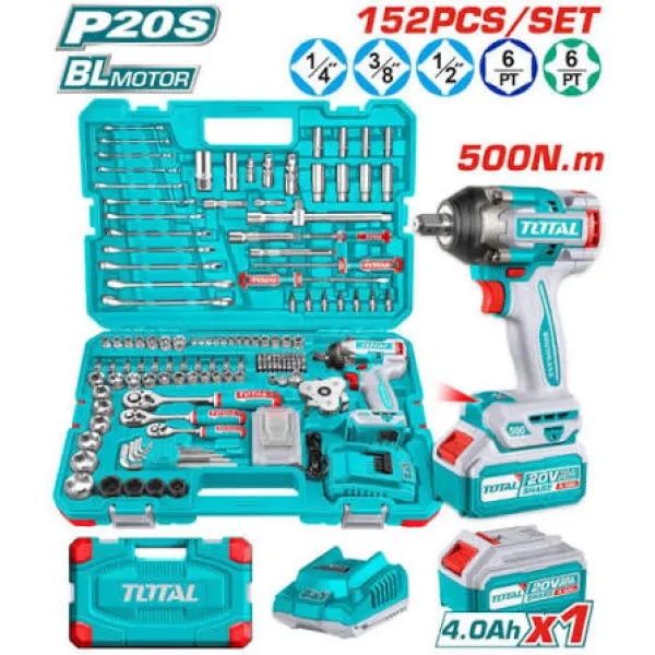 Bộ 152 món bao gồm máy siết buloong pin 20V TIWLI2050 không chổi than THKTHP31522