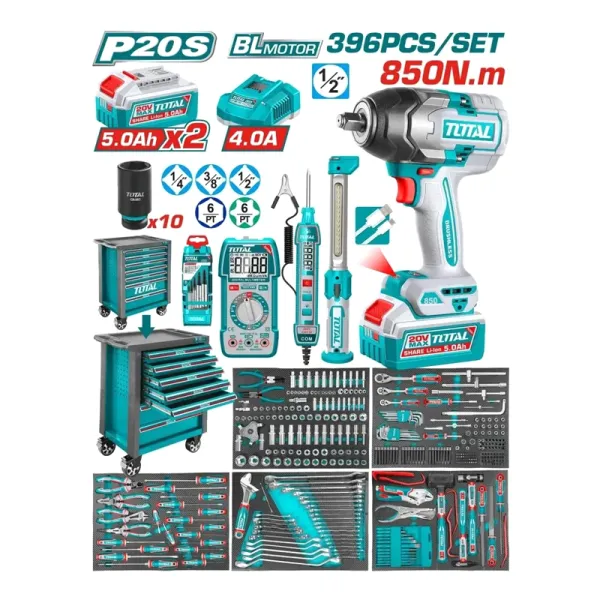 bộ 396 món tủ đụng dụng cụ và máy siết bu lông TIWLI20851 dùng pin 20V Total THPTCS83962