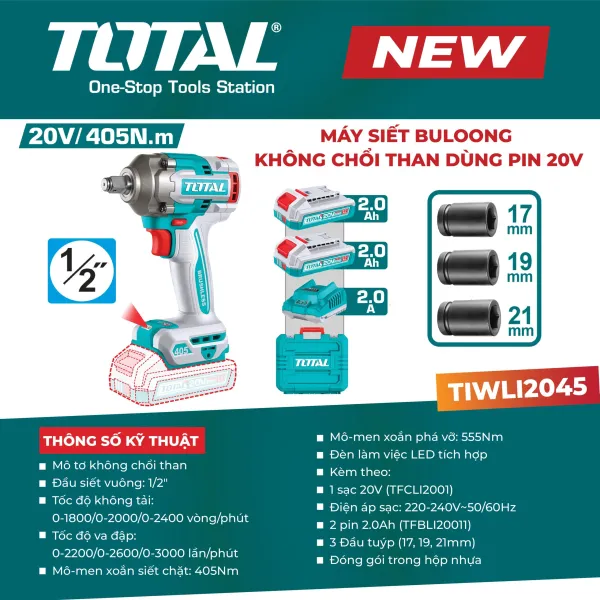 Máy siết buloong không chổi than dùng pin 20V TIWLI2045