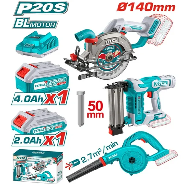 Bộ Combo TOSLI240683 - Máy Cưa Đĩa Tròn Không Chổi Than & Máy Thổi Bụi & Máy Bắn Đinh Dùng Pin 20V TOTAL