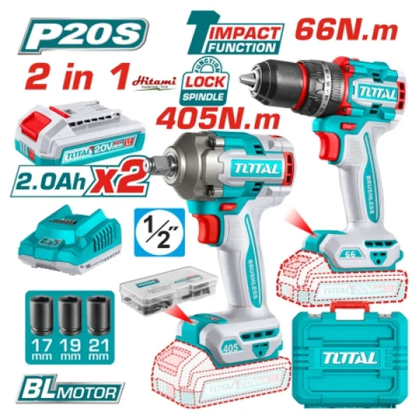 Bộ combo máy khoan & máy siết bu lông 20V Total TCKLI20286